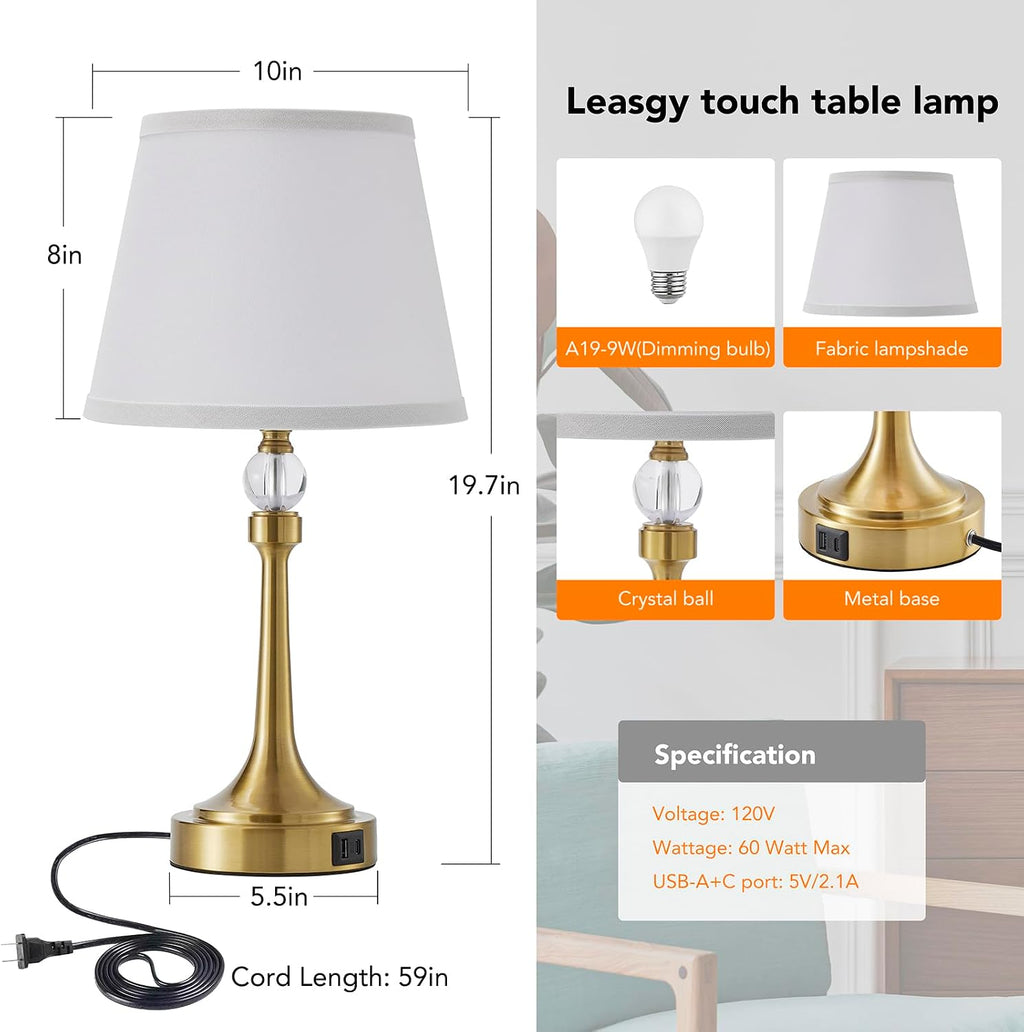 19.7'' Touch Table Lamps for Living Room, Small Lamp for Bedroom with USB C+A Ports, Dimmable Touch Lamps Set of 2, Reading Desk Lamp for…