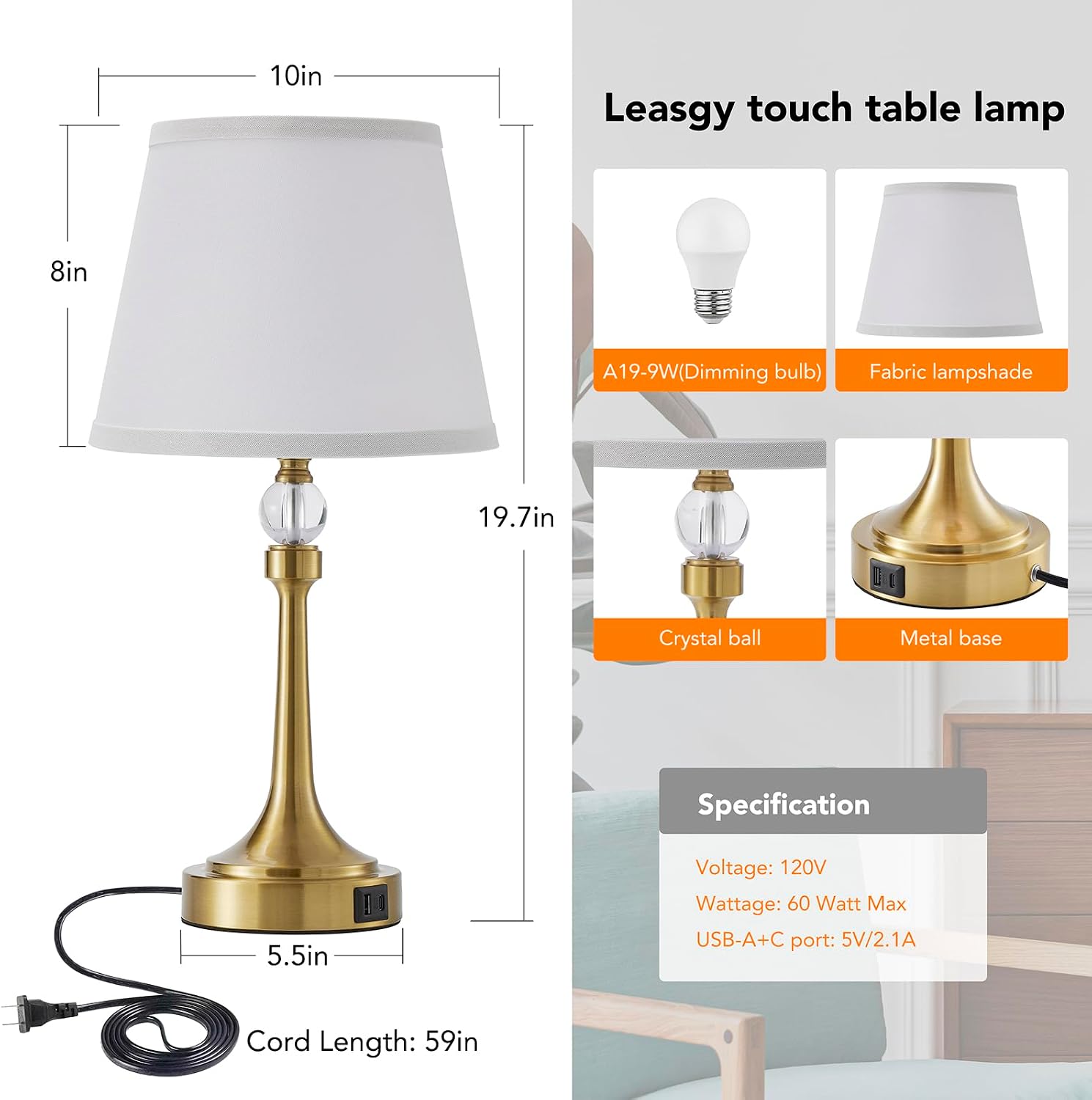 19.7'' Touch Table Lamps for Living Room, Small Lamp for Bedroom with USB C+A Ports, Dimmable Touch Lamps Set of 2, Reading Desk Lamp for…