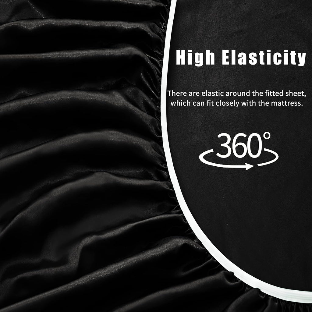 VACVELT 3pcs Black Satin Sheets Twin XL Size Bed Set, 15 Inch Deep Pocket Silky Satin Sheet Set, Soft Satin Bedding Set Cooling & Luxury…