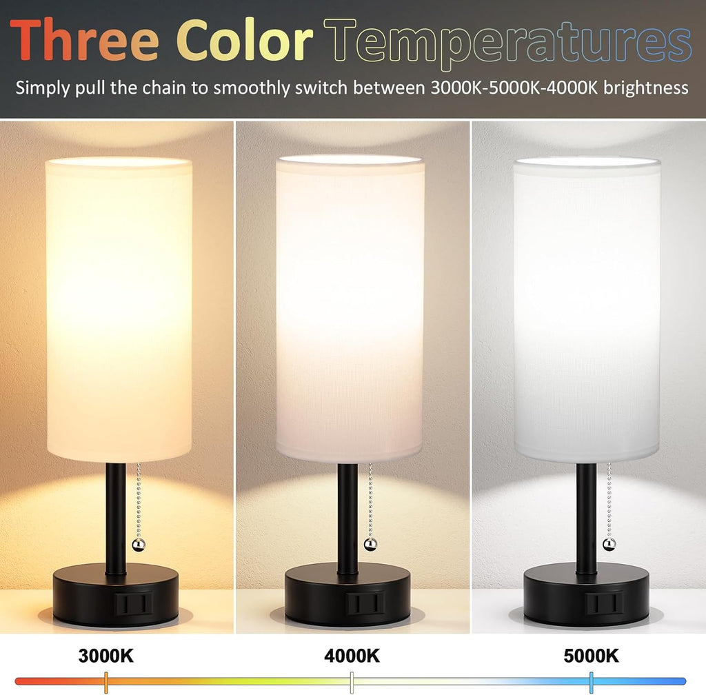 Fenmzee White Bedside Table Lamps Set of 2-3 Color Temperatures Pull Chain Lamp with AC Outlet Charging Port, Round Night Stand Lamps for…