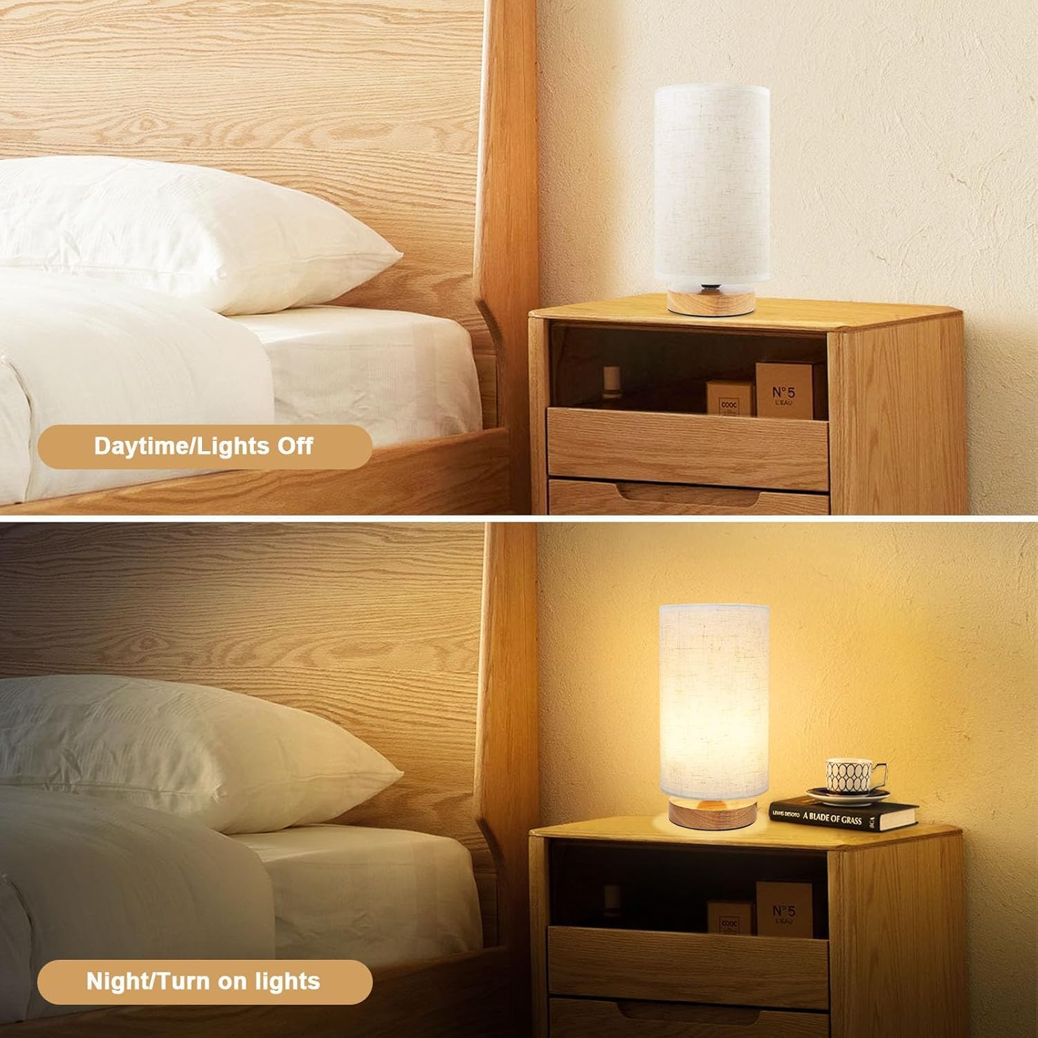 Uchenton 3-Color Adjustable Bedside Table Lamp for Bedroom, Minimalist Wood Base&Round Fabric Shade, Cozy Lighting Nightstand Boho Lamp, Study…