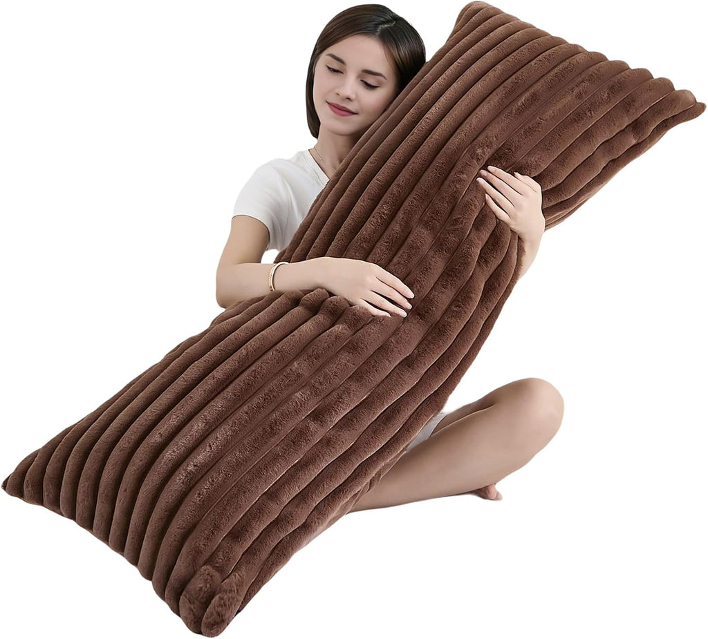Memfydu Full Body Pillow with Fluffy Stripe Faux Fur Removable Cover, Long Bed Pillow Adult 20x54 Inches for Side Sleeper and Pregnancy, Co…