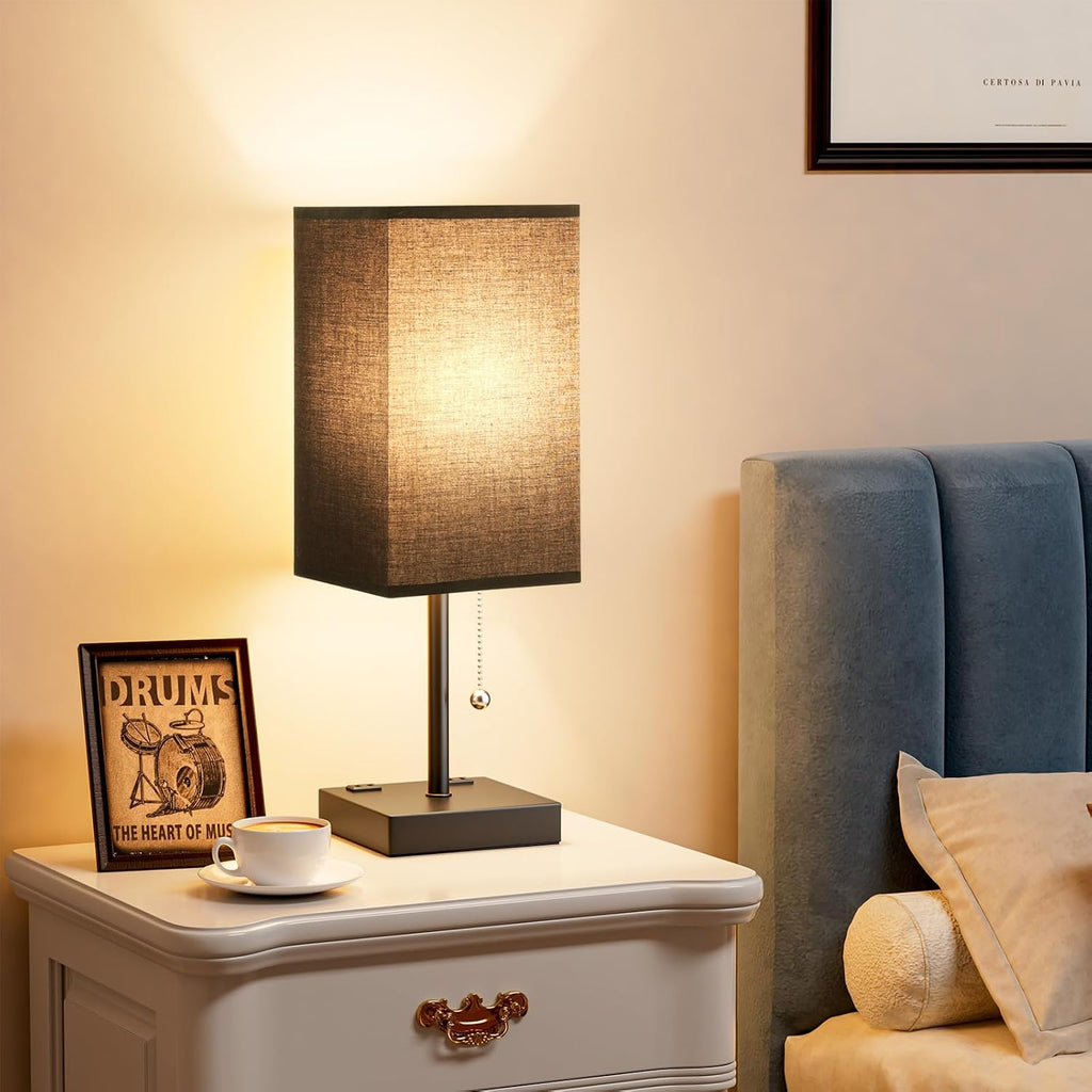 Aooshine Black Medium Table Lamp with USB Ports - 3 Color Temperature Bedside Lamp for Bedroom, Pull Chain Control, USB A and C Ports, 2 AC…