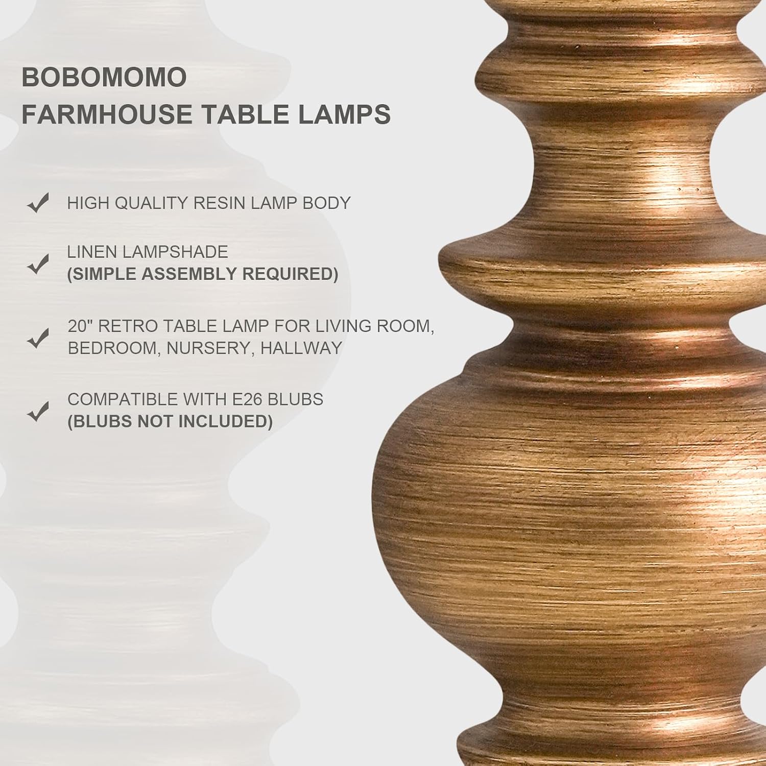 BOBOMOMO 20" Antique Gold Table Lamps Set of 2 – Handcrafted Vintage Bedside Lamps with Linen Shades, Elegant Farmhouse Lamps for…