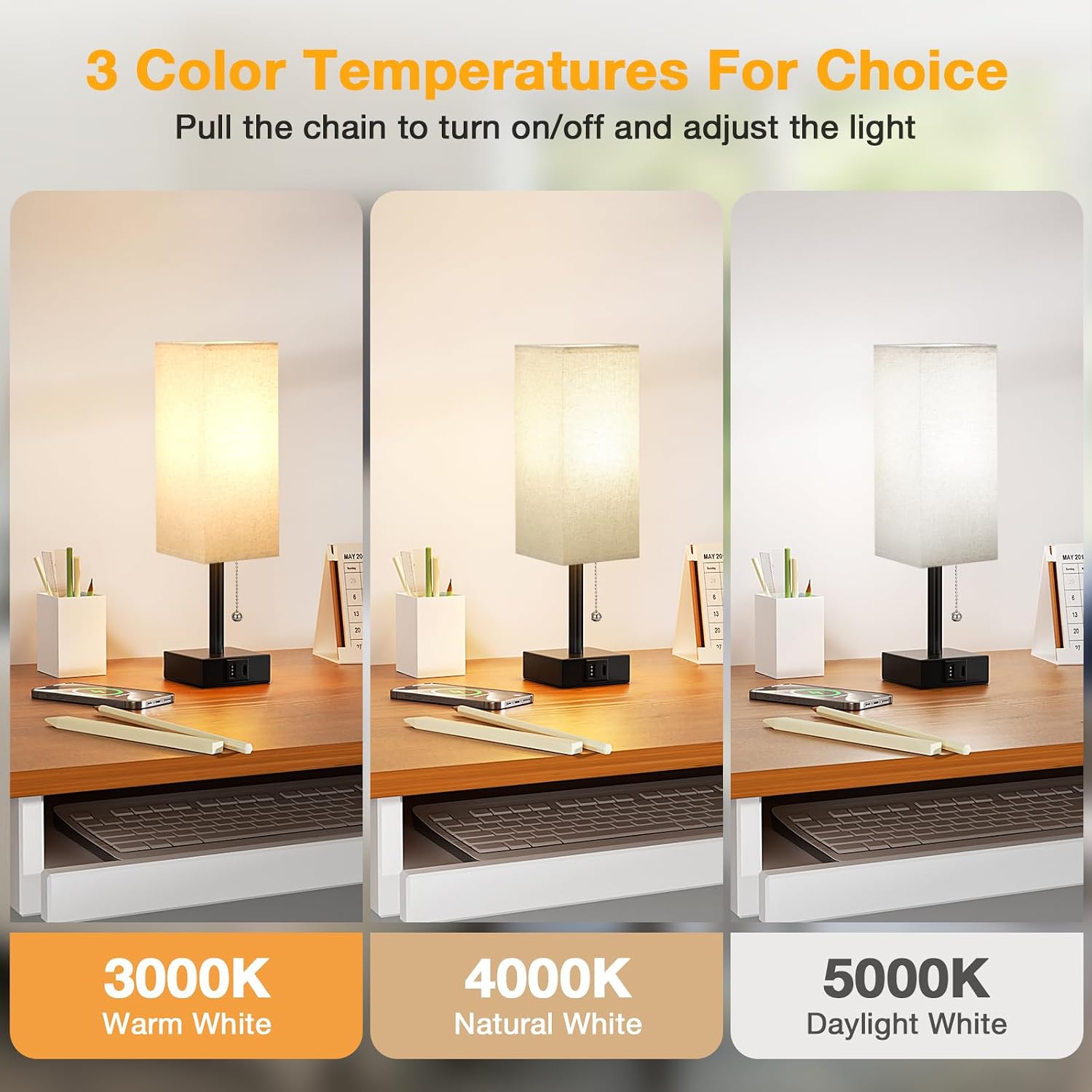Aooshine Small Linen Bedroom Lamp - 3 Color Temperature 3000K 5000K 4000K Bedside Lamp, Pull Chain Control, USB A and C Charging Ports, Bla…
