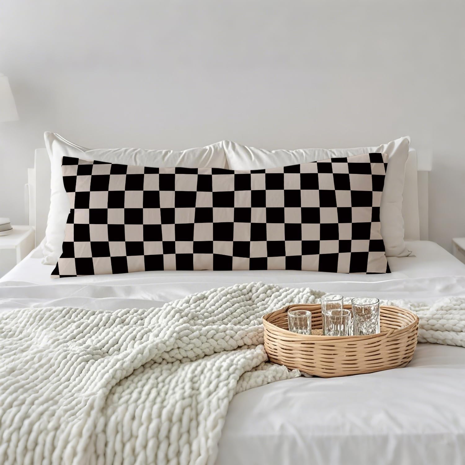 Abstract Boho Black and Beige Checkered 20x54 Body Pillow Cover, Checkered Home Decor, Modern Neutral Plaid Decorative Long Body Pillow…