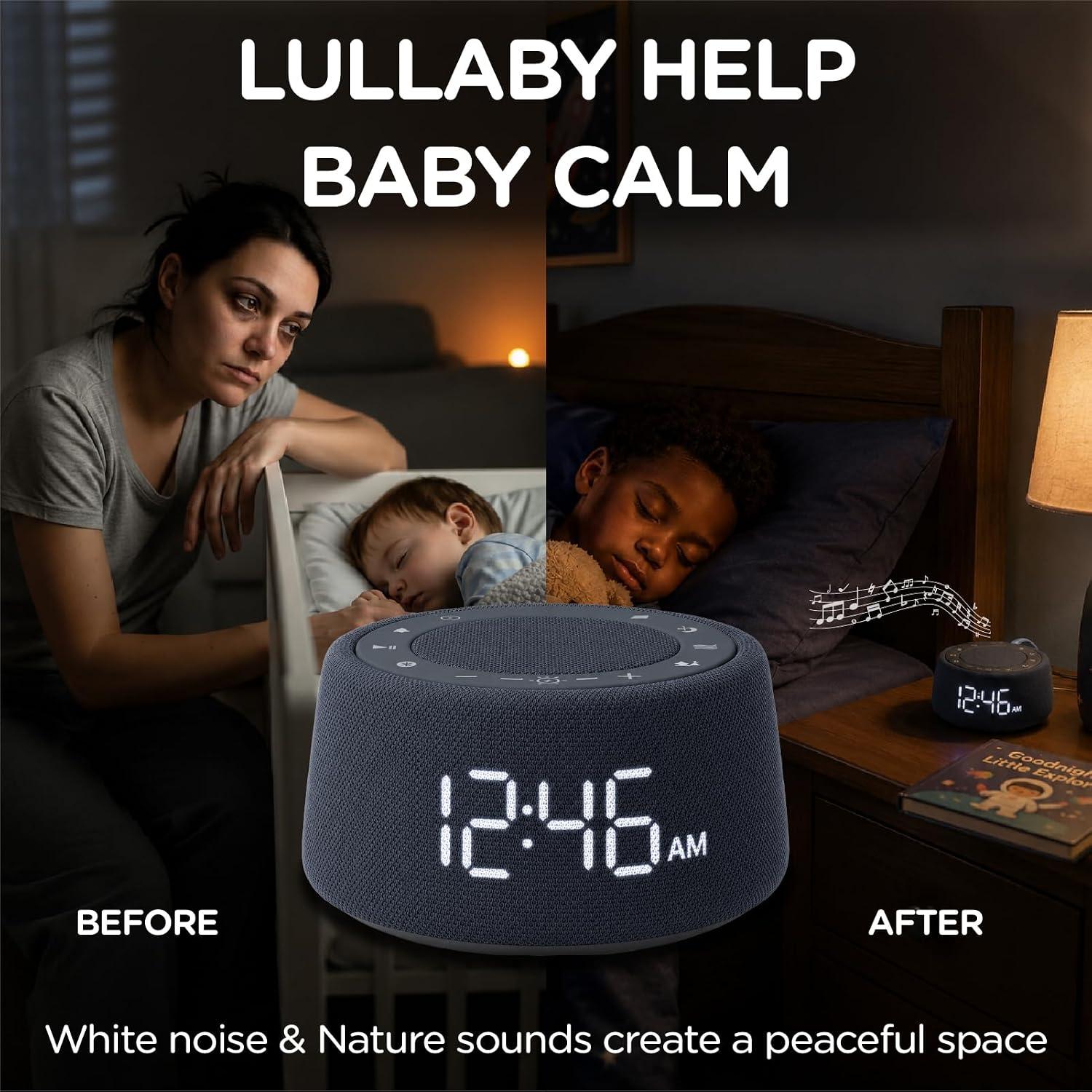 White Noise Sound Machine Alarm Clock with Bluetooth Speaker,18 Soothing Sounds, Ambient Light Ring, Adjustable Alarm Volume, USB…