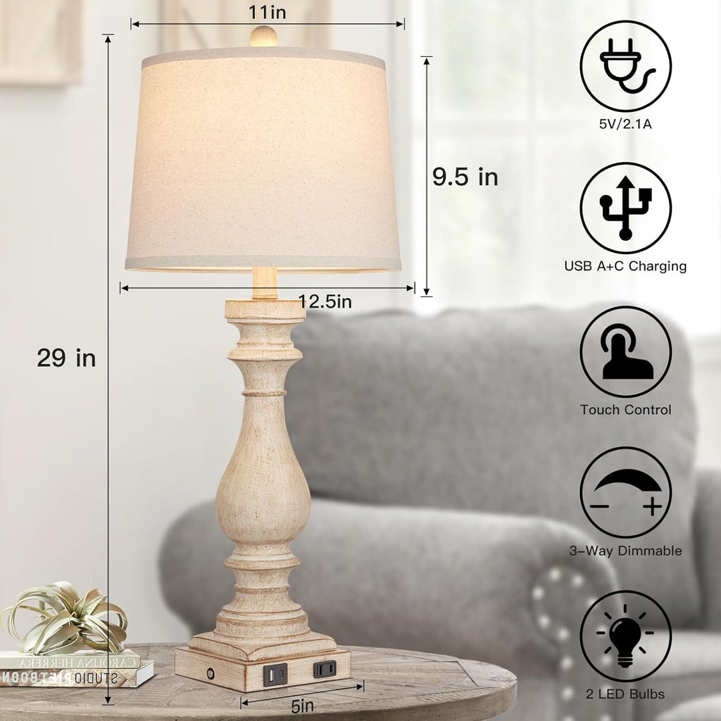 Cinkeda 29" Tall Table Lamp for Living Room Set of 2, Farmhouse Nightstand Bedside Lamps with USB C+A Ports & AC Outlet,3-Way Dimmable…