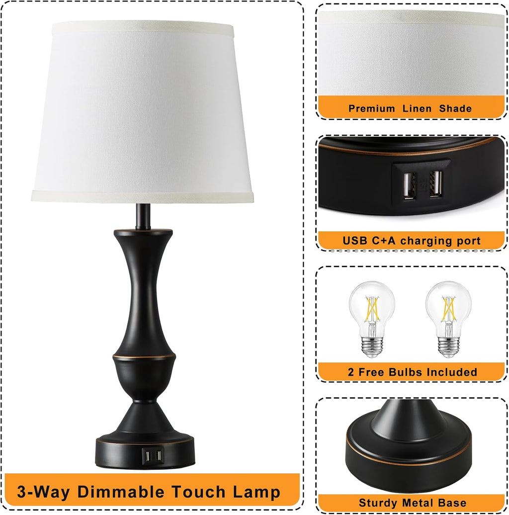 Luvkczc Touch Table Lamps Set of 2, 22" Tall Bedside Lamps with USB C+A Ports, Dimmable Nightstand Lamps, Table lamp for Bedrooms, Living…
