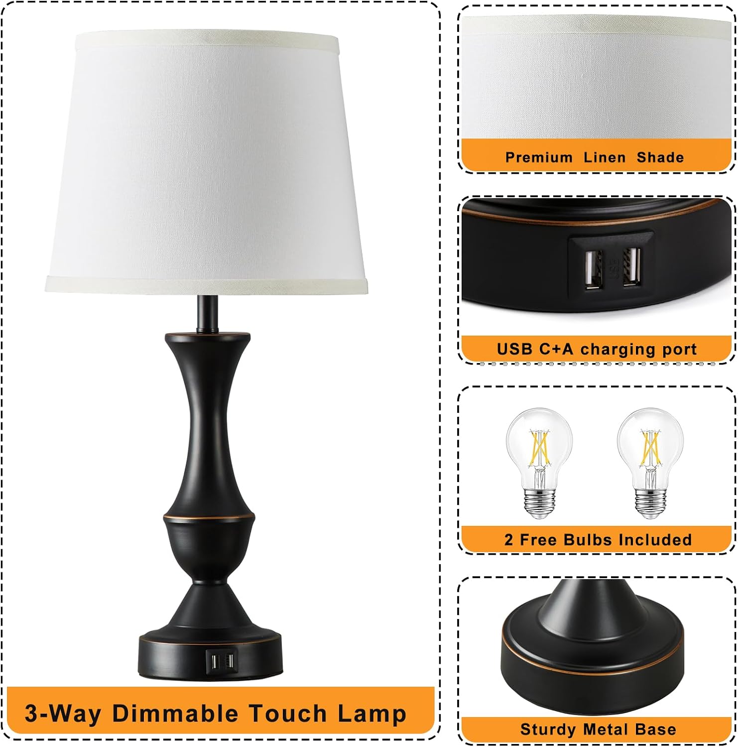 Luvkczc Touch Table Lamps Set of 2, 22" Tall Bedside Lamps with USB C+A Ports, Dimmable Nightstand Lamps, Table lamp for Bedrooms, Living…