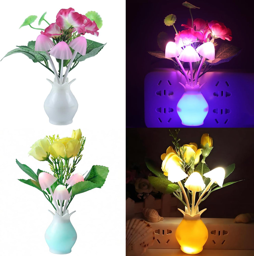 4 Pack Mushroom Night Light, Plum Blossom Rose Flowers Plants Plug-in Mushrooms Colors Changing Nightlight Colorful LED Wall Lamp Little…