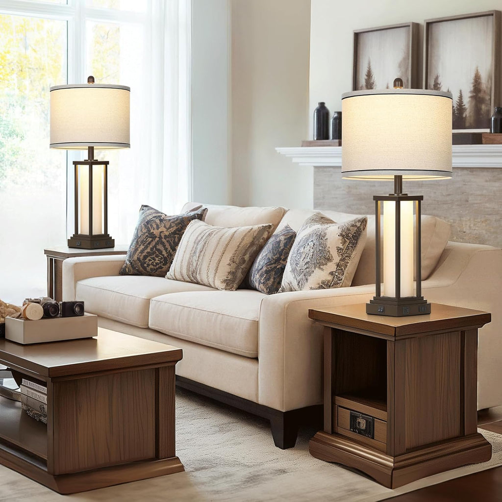 Cinkeda 27" Tall Vintage Table Lamps with USB C+A & Outlet, Brown End Table Lamp Set of 2 for Living Room, Rustic Bedside Lamps with…