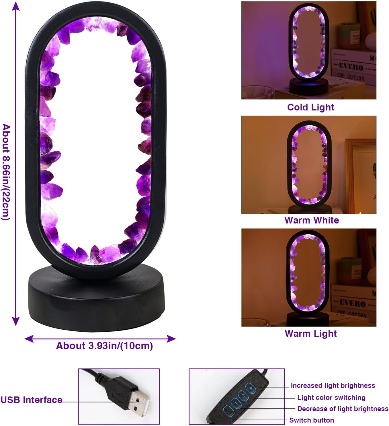 Runyangshi Crystal Lamp Amethyst Raw Stone Ellipse Night Lamp Natural Healing Crystal Night Light Table Lamp Base USB Port 3 Colours Mode f…