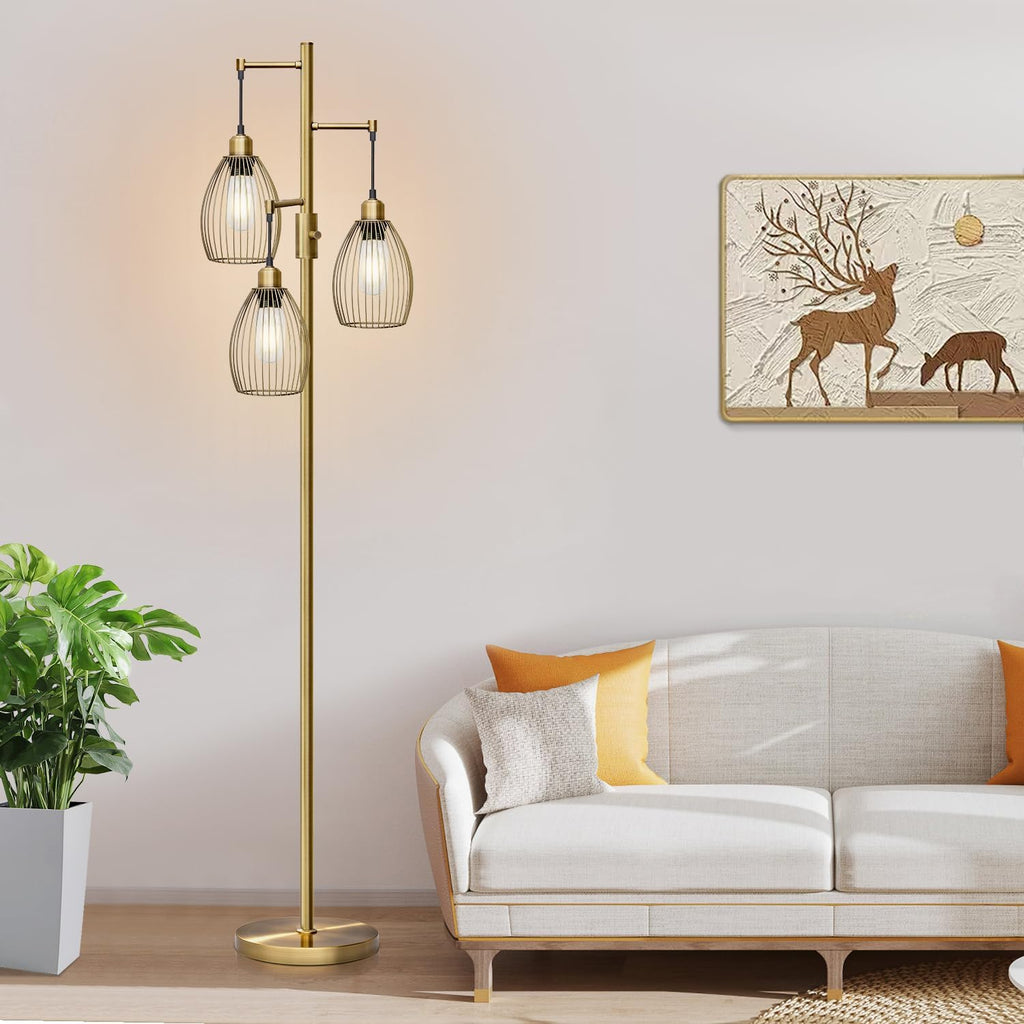 Dimmable Floor Lamp, 3 x 800LM LED Edison Bulbs Included, Farmhouse Industrial Floor Lamp Standing Tree Lamp with Elegant Teardrop Cage…