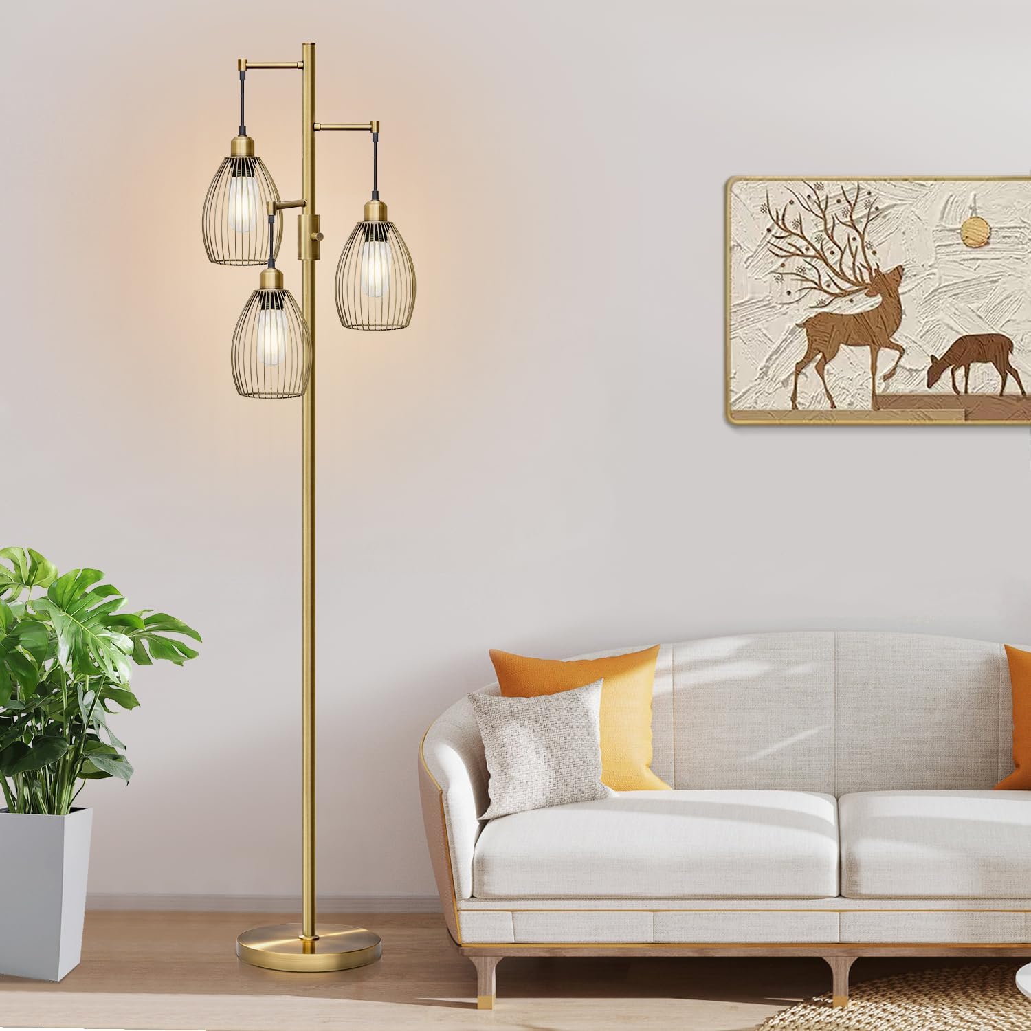 Dimmable Floor Lamp, 3 x 800LM LED Edison Bulbs Included, Farmhouse Industrial Floor Lamp Standing Tree Lamp with Elegant Teardrop Cage…