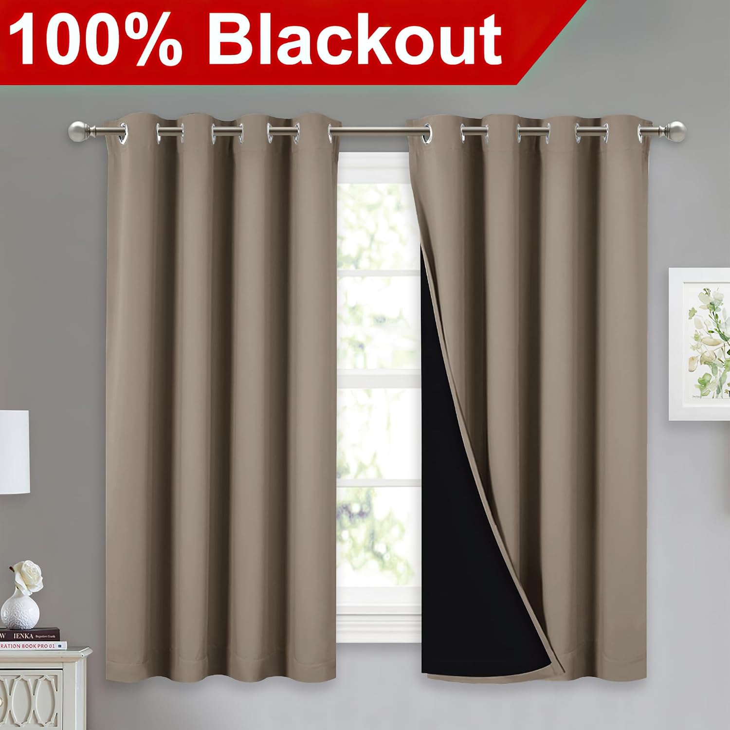 Nicetown 100% Blackout Curtains with Black Liners, Thermal Insulated Full Blackout 2-Layer Lined Drapes, Noise Cancellation Window Draperie…
