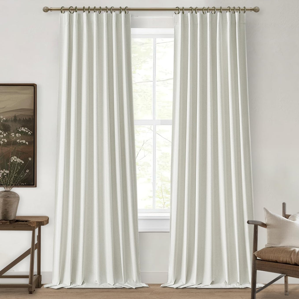 Qjmydeco Beige White 100 Inch Bedroom Curtains Blackout, Country Cottage Core Thick Linen Pleat Window Drapes for Nursery Kids Room Thermal…