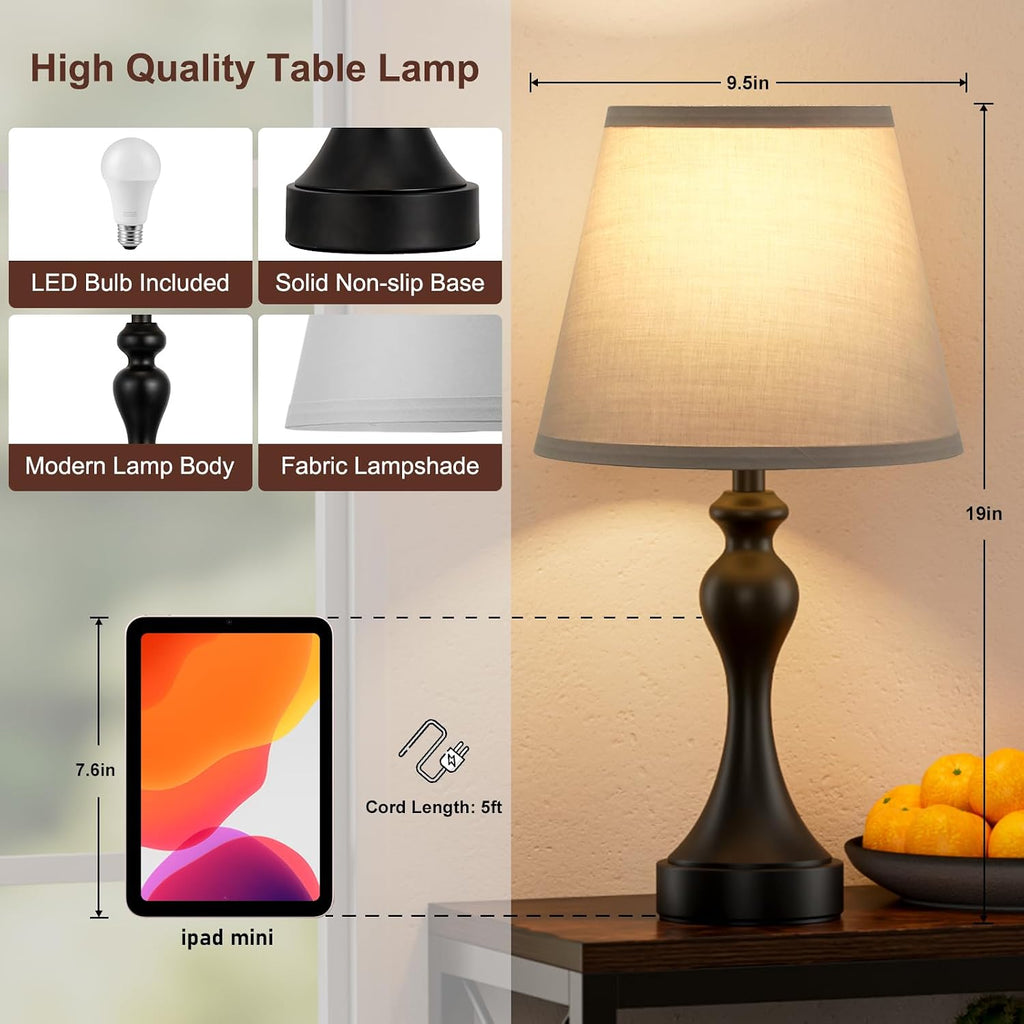 Seealle Touch Lamps for Nightstand - Bedside Lamps Set of 2, 3 Way Dimmable, USB C+A for Bedroom & End Tables (Black&Grey)