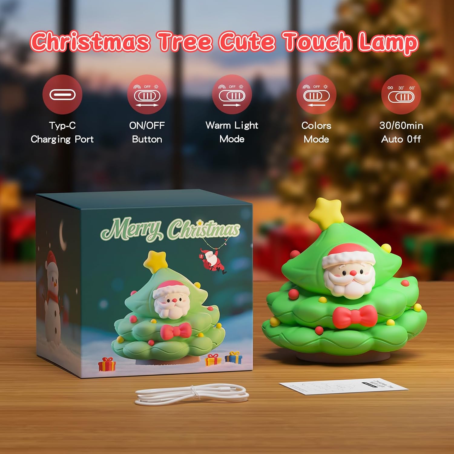 Christmas Tree Night Light, Touch Control LED Lamp, Silicone Green with Yellow Star, USB Rechargeable, 3 Brightness with Auto-Off…