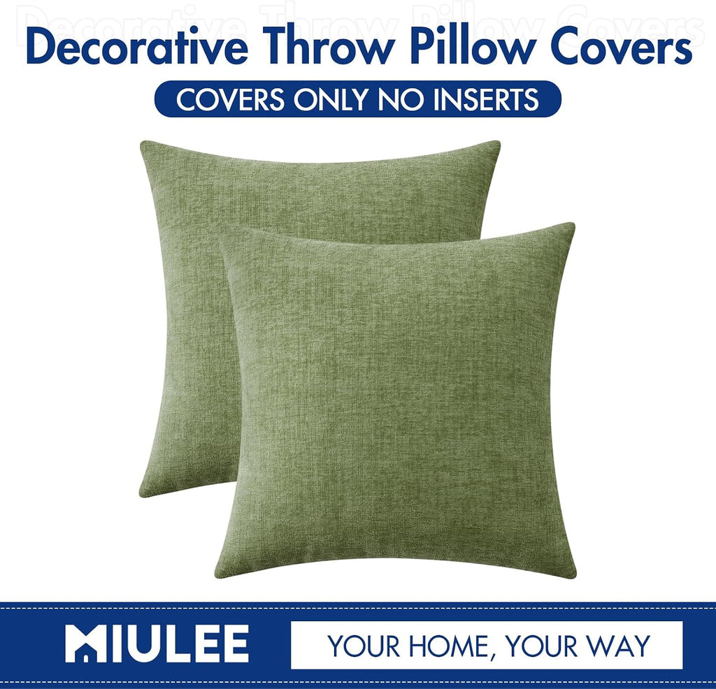Miulee Pack of 2 Couch Throw Pillow Covers 24x24 Inch Spring Soft Sage Green Chenille Pillow Covers for Sofa Living Room Solid Dyed Pillow…