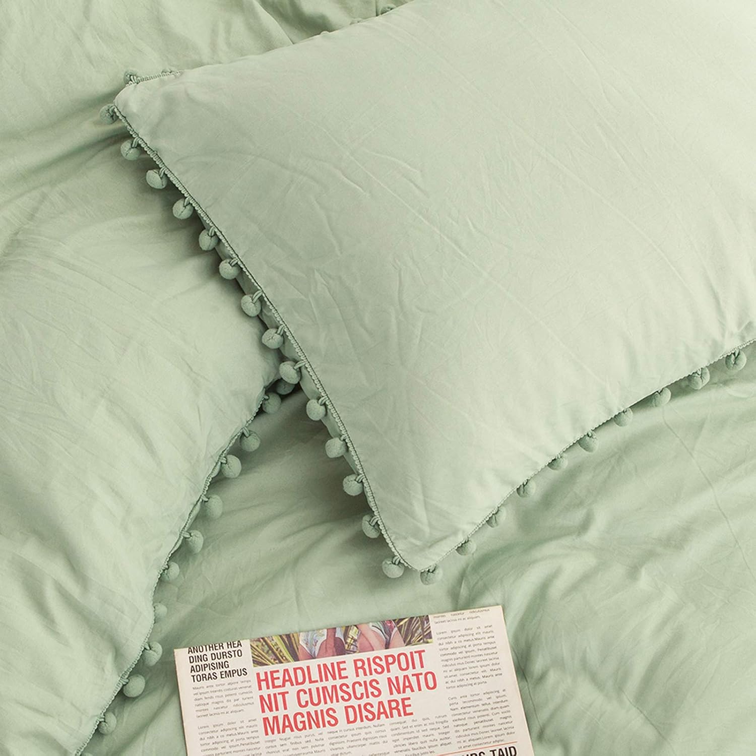 Moveover Sage Green Pom Poms Pillow Cases, Green Pillowcases Set of 2, 100% Soft Washed Microfiber, Dark Green Pillow Shams King, 2 Pack (K…