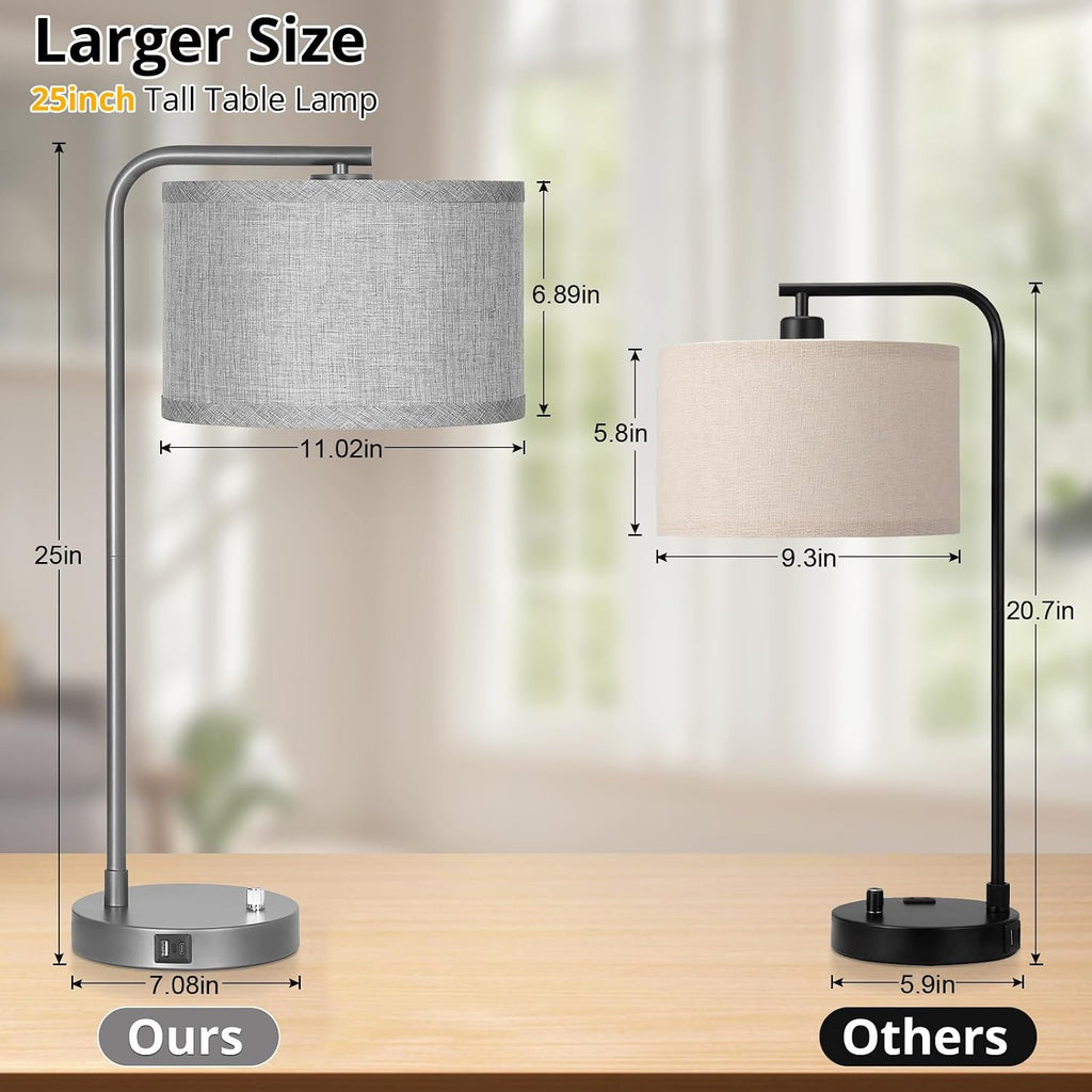Gray Bedside Lamp with USB C+A Charging Ports, Fully Dimmable Modern Nightstand Lamp with Grey Fabric Shade, Tall Reading Lamp Desk Lamp…