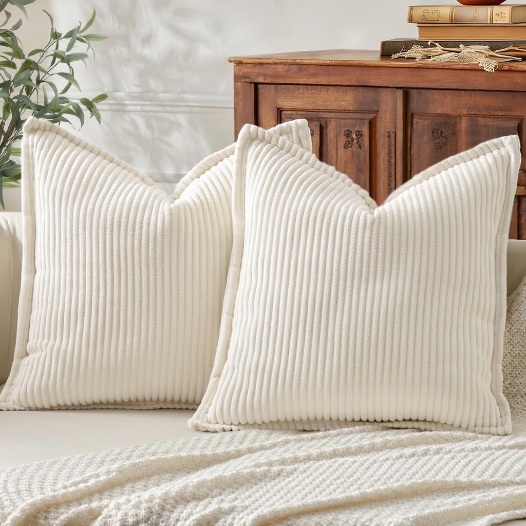 Mecatny Corduroy Summer Throw Pillow Covers 26x26 Set of 2, Neutral Decorative Soft Boho Couch Pillow Covers with Broadside for Sofa…