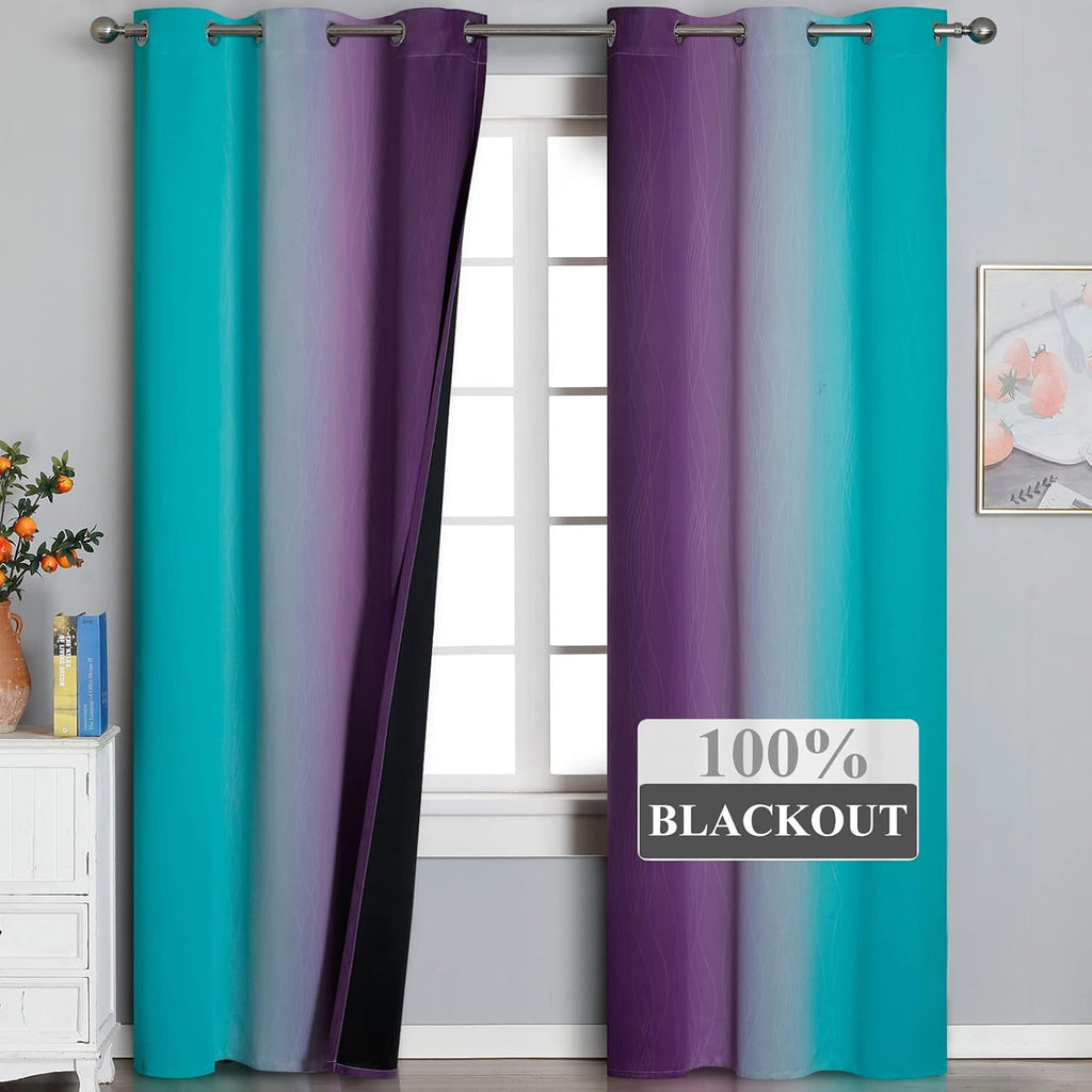 Estelartextiler Estelar Textiler Teal and Purple Ombre Blackout Curtains 96 Inches Long 2 Panels for Living Room, Grommet Thermal Insulated…