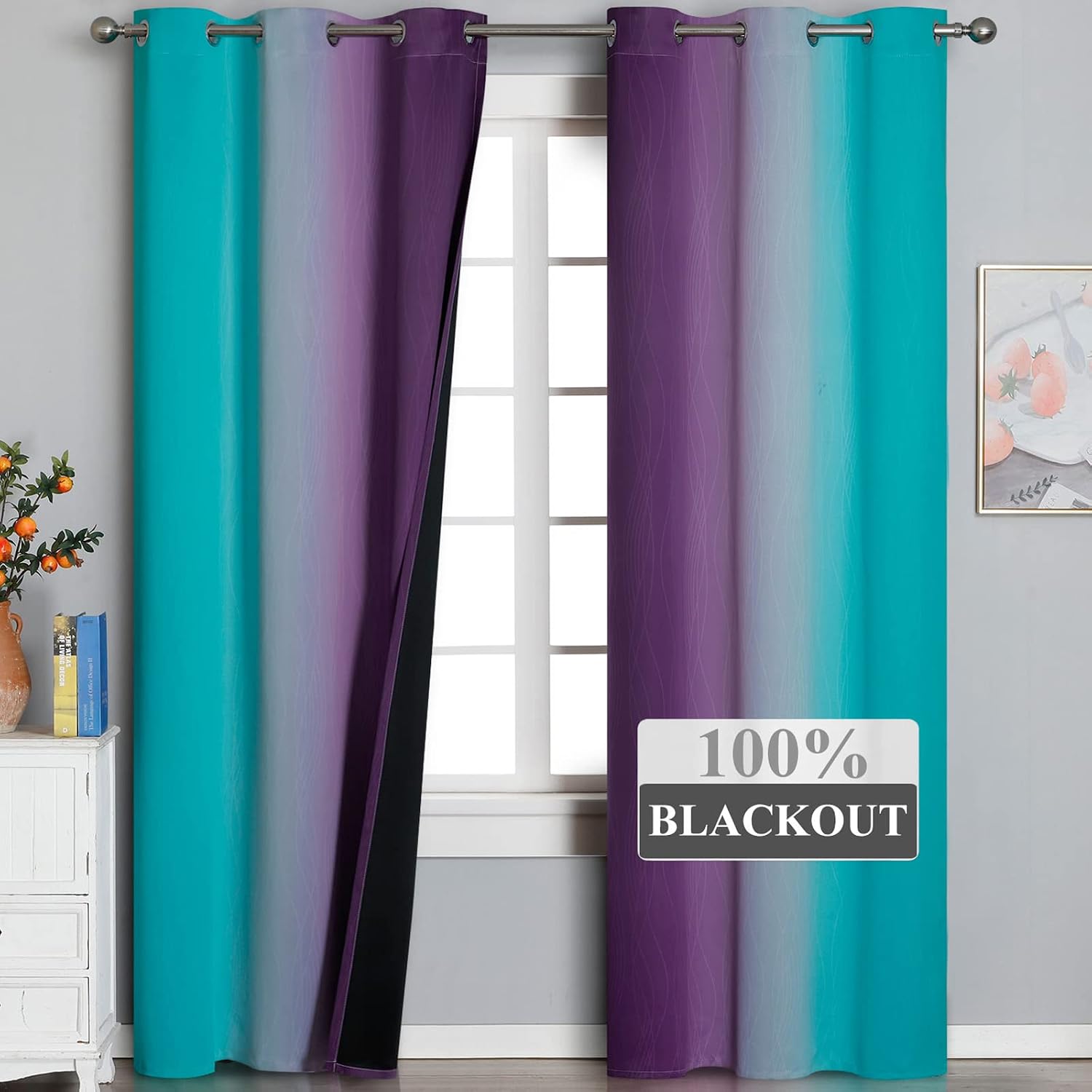 Estelartextiler Teal Blackout Curtains 84 Inches Long, Ombre Purple Blackout Curtains for Bedroom, Grommet Thermal Insulated Gradient Drape…