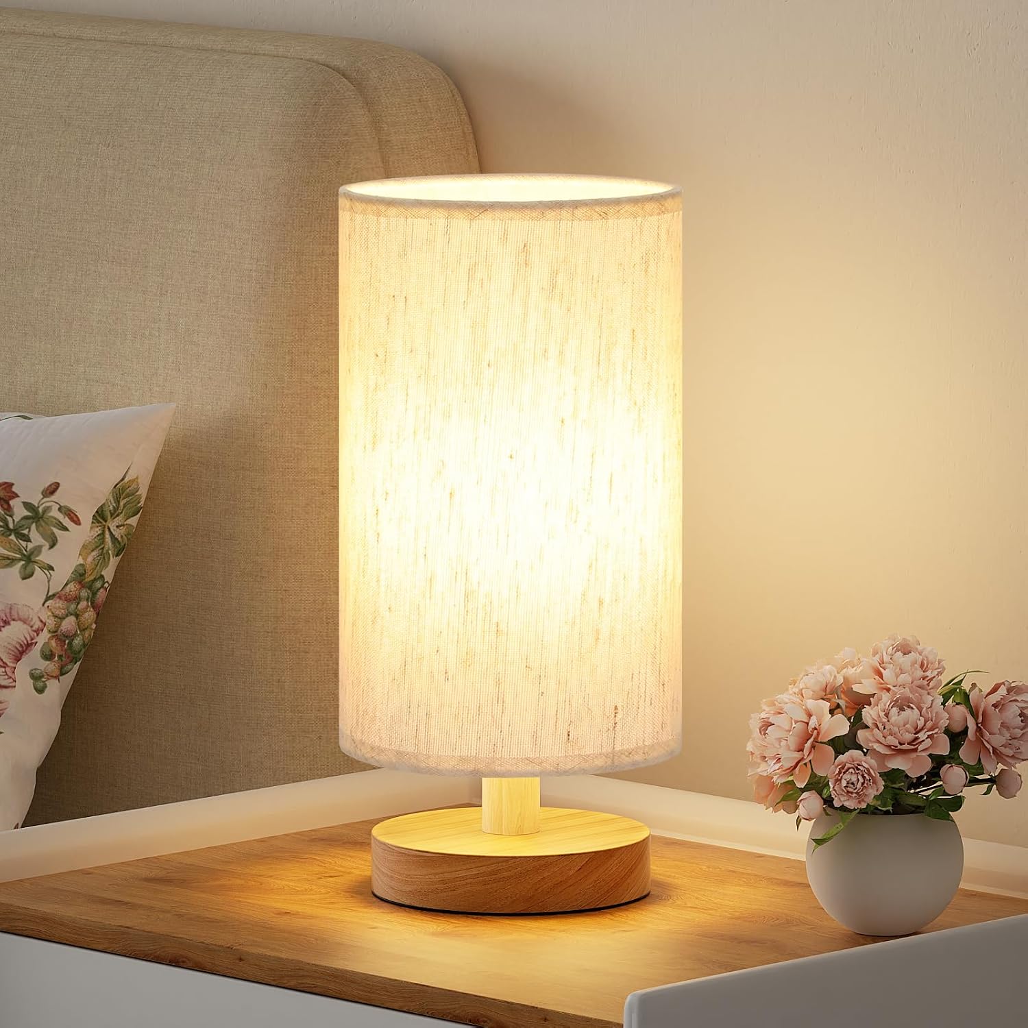 Fenmzee Small Table Lamp for Bedroom - Inline Control, Bedside Lamp with 3000K A15 LED Blub, Easy Assembly (Cream Shade - Wood Base, 9"…