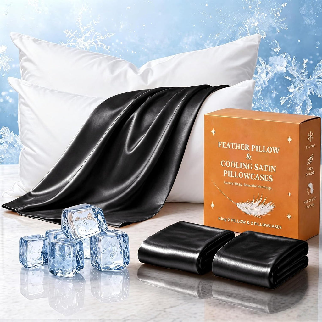 BHZHouseholdProducts BHZ Black Satin Goose Down Feather Pillows King Size Set of 2 with Black Satin Pillowcase for Hair and Skin, Cooling P…