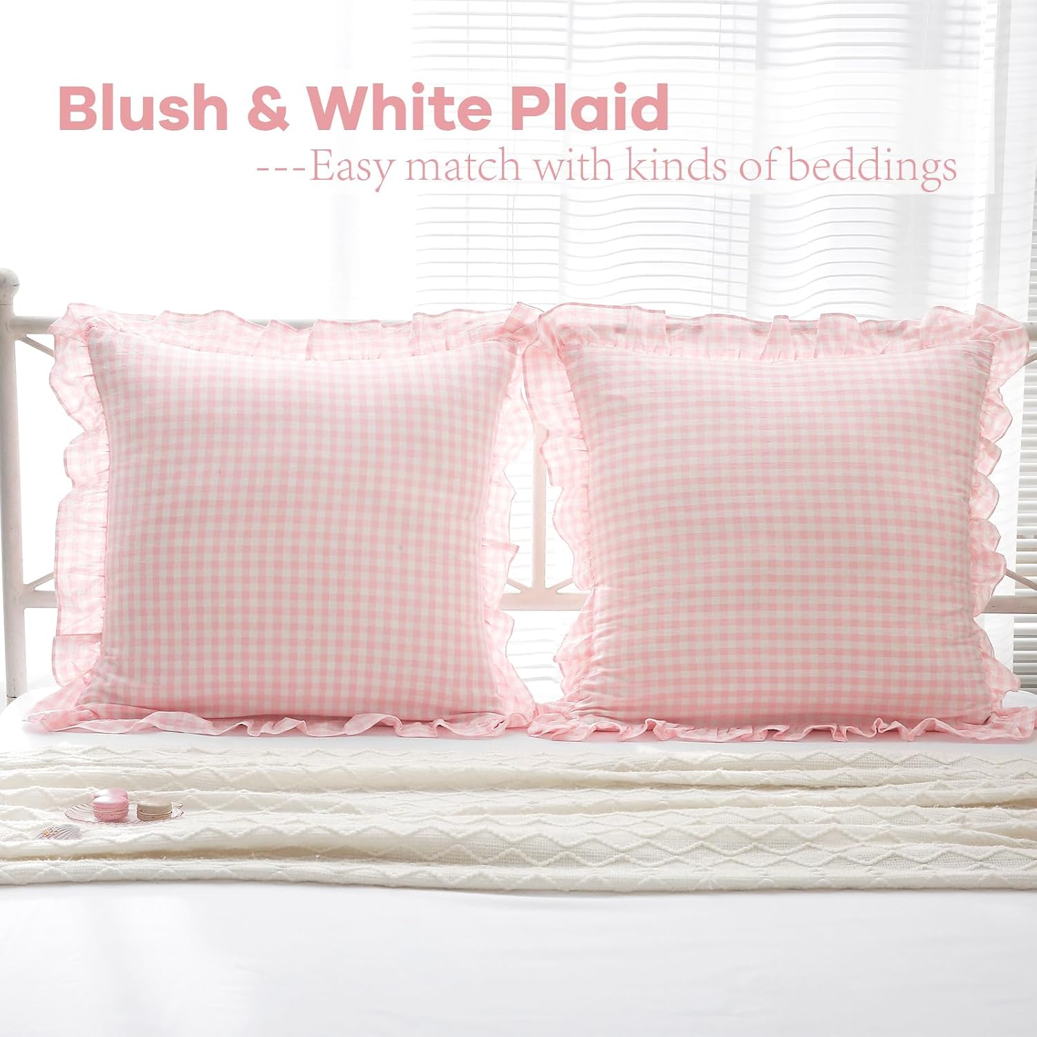 Kmasaniji 2 Pack Blush Gingham Ruffle Euro Pillow Sham Covers, 100% Washed Cotton Plaid Checkered Farmhouse Decorative Pillow Shams for Bed…
