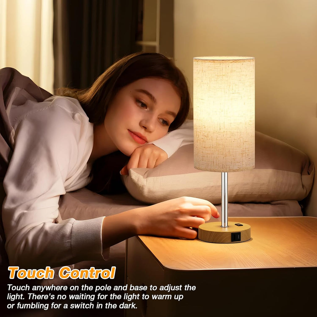 Dicoool Touch Bedside Table Lamp with USB - 3 Way Dimmable Wood Lamp for Bedroom Nightstand, Desk Lamp with Charging Station for Dorm…