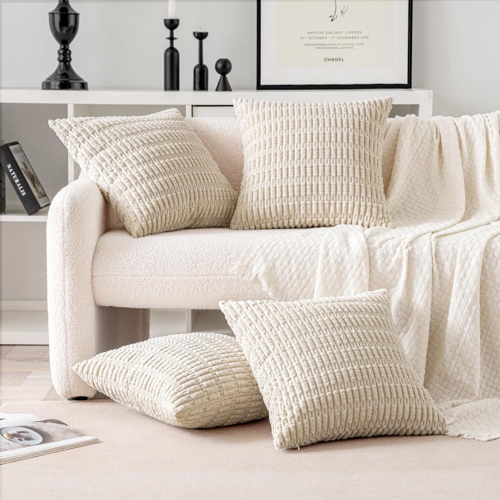 Miulee Pack of 4 Cream White Corduroy Decorative Throw Pillow Covers 22x22 Inch Soft Boho Striped Pillow Covers Modern Farmhouse Home Decor…