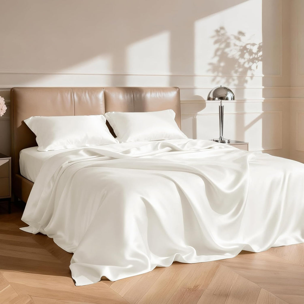 Lovescabin Love's cabin California King Satin Sheet Sets - 4 Piece Ivory Silky Sheets Bed Set with Deep Pocket, Luxury Silk Feel Satin Cal…