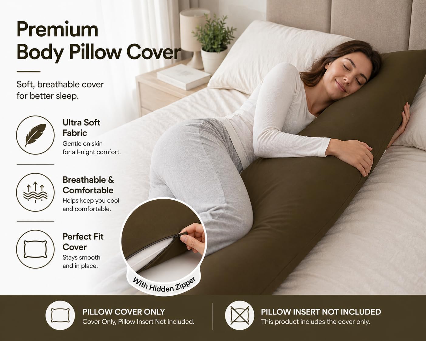 EVOLIVE Ultra Soft Body Pillow Cover 21"x54", Cozy Microfiber Pillowcase with Hidden Zipper, Breathable, Perfect for Pregnancy & Side…