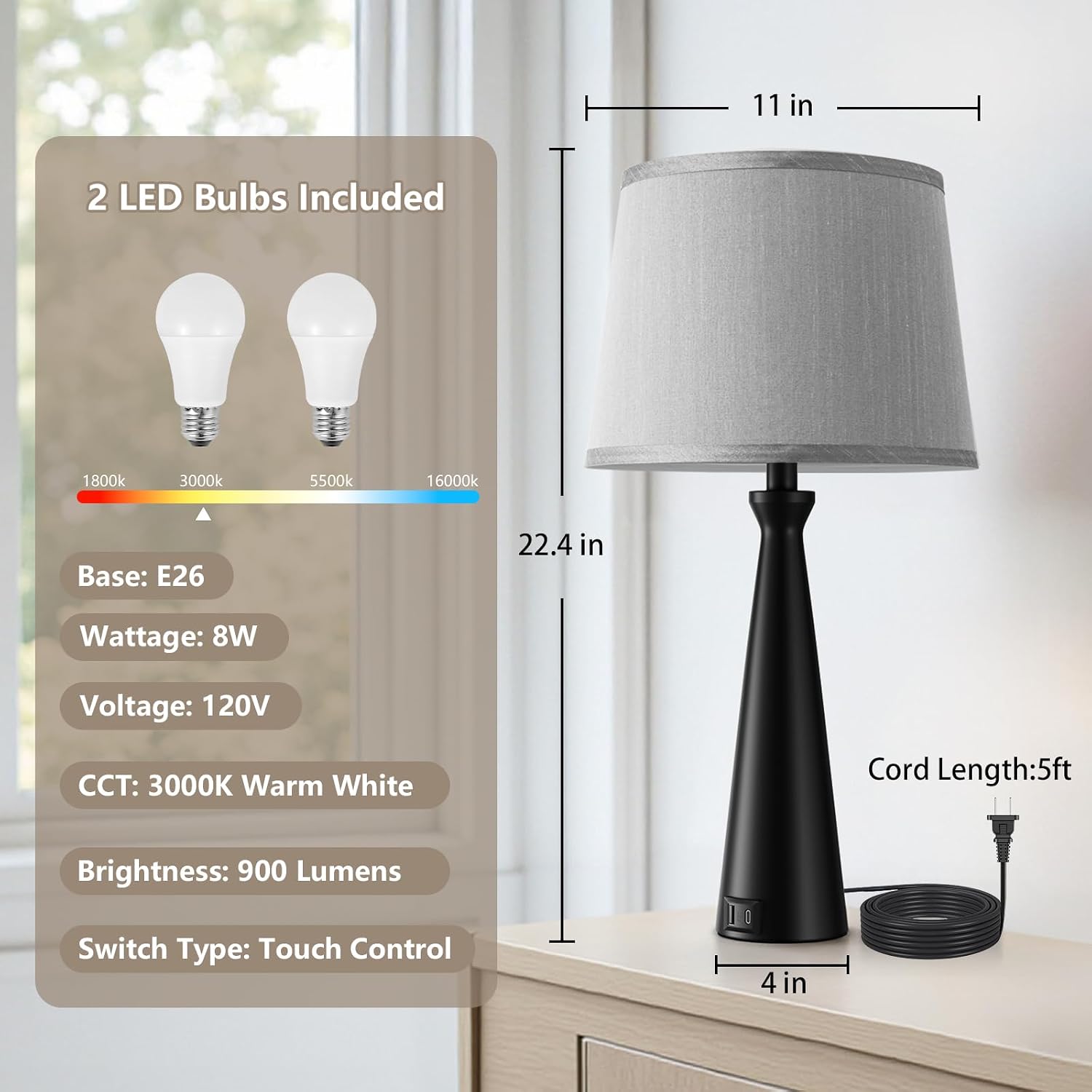 Seealle Modern Table Lamps Set of 2 - Touch Bedside Lamp for Nightstand with Dual USB C+A,3-Way Dimmable Nightstand Lamps for Living Room…