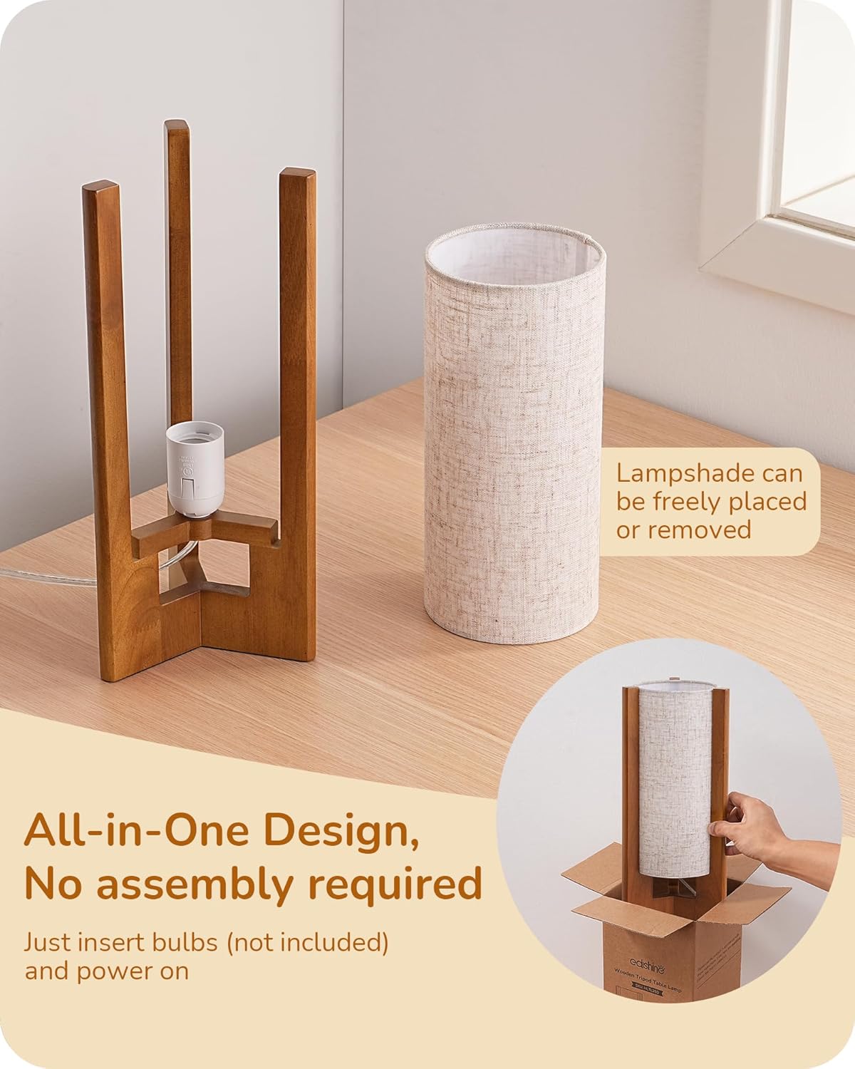 EDISHINE 13.5" Small Table Lamp, Walnut Wood Cylinder Nightstand Lamp for Bedroom, Beige Linen Shade, Corner Modern Bedside Lamp for…