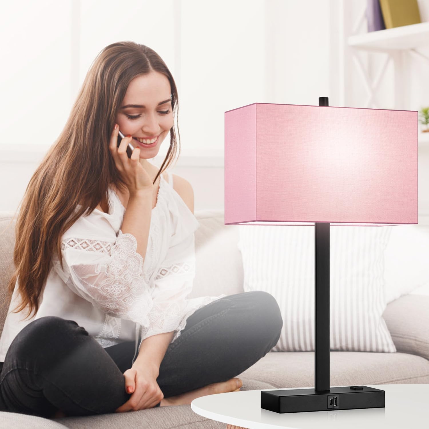 Lynnoland 21" Set of 2 Table lamp with USB A+C & AC Outlets, Touch Control 3-Way Dimmable Nightstand Lamps for Bedroom Living Room Office…