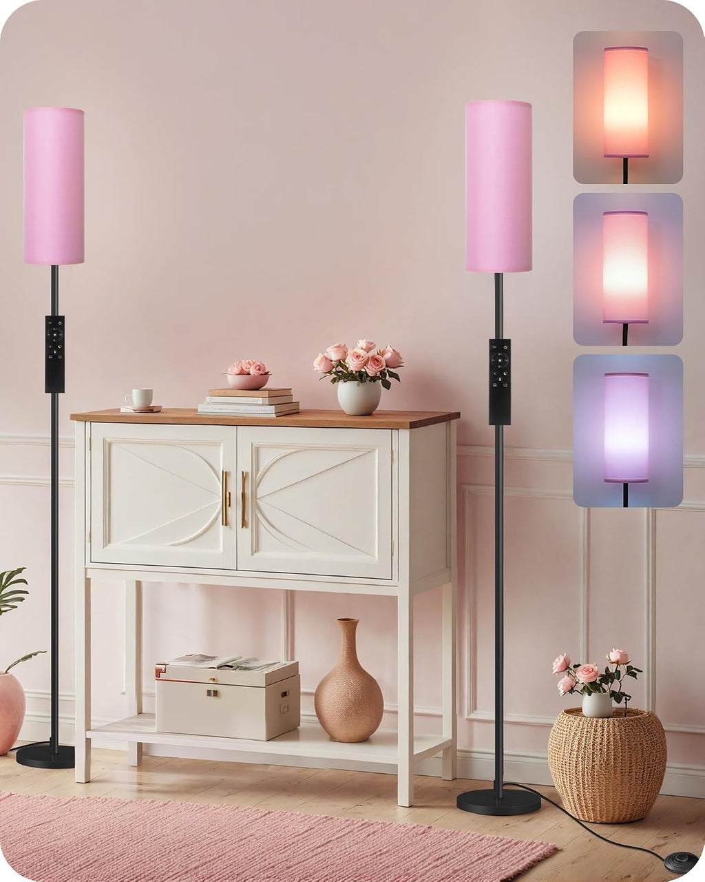 2 Pack Dimmable Pink Floor Lamps for Living Room with 2 Remotes and Foot Switch, Corner Floor Lamp, 64.4'' Standing Tall Lamp, 10W 900LM…