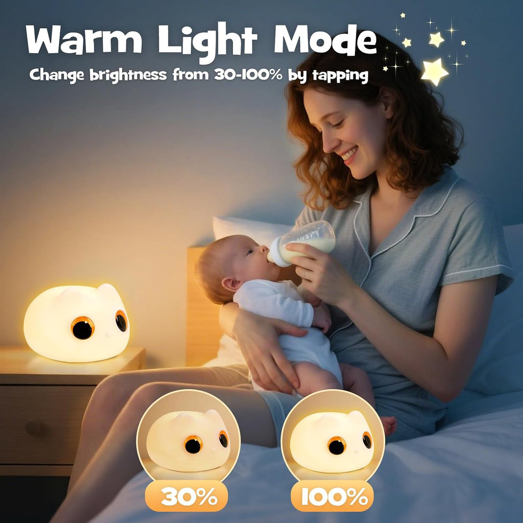 Squishy Cat Night Light 2 Brightness Adjustable Cute Big Eyes Kitty Light with 20mins Timer Nursery Breastfeeding Nightlight Rechargeable…