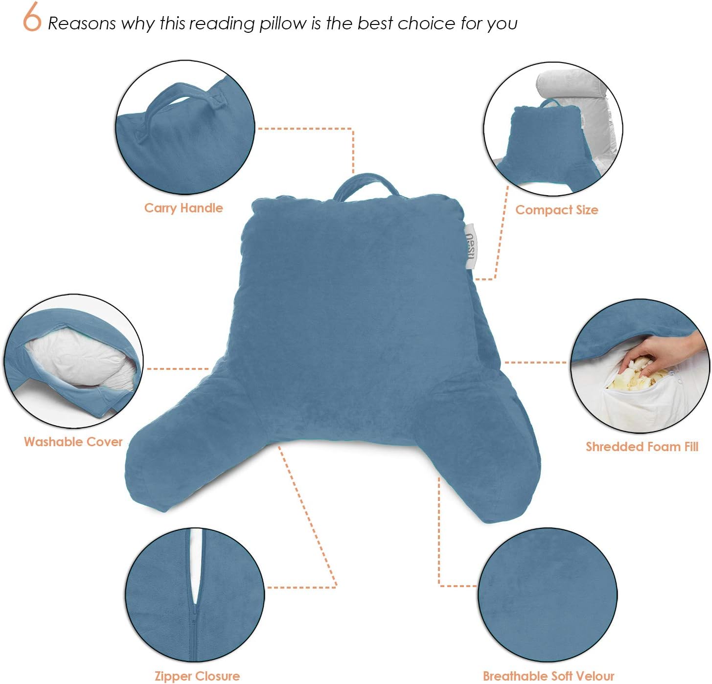 Nestl Reading Pillow with Shredded Memory Foam, Designed for Sitting Up in Bed and Couch, Back and Arms Adjustable Support for Adult &…