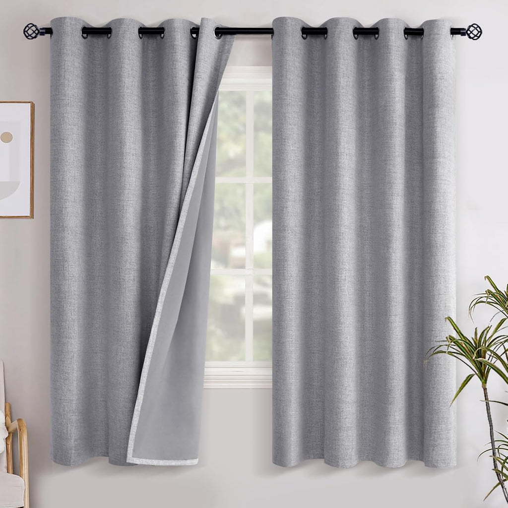 YoungsTex Grey Linen Blackout Curtains 63 Inches Long for Bedroom, Thermal Insulated Black Out Drapes with Grommet Room Darkening Privacy f…