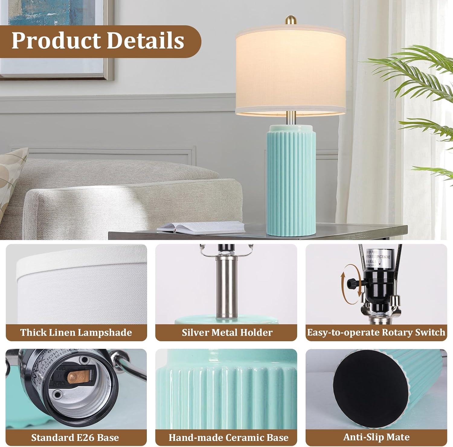 Tobusa 23.5’’ Light Green Coastal Table Lamps for Bedroom Set of 2, Modern Ceramic Nightstand Lamps for Living Room, Elegant Bedside Lamps…