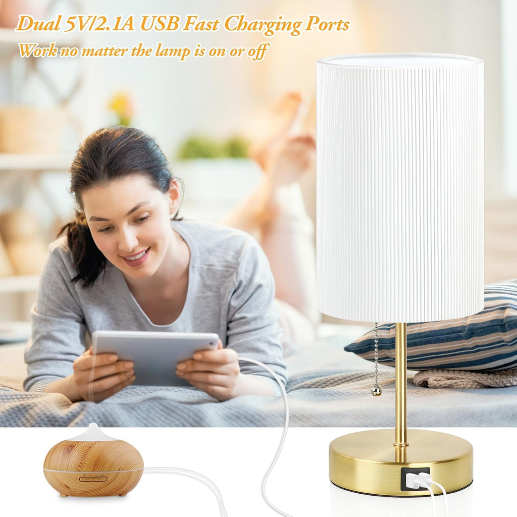 Lakumu 2 Sets Table Lamps with 2 USB, Minimalist Beside Lamps for Bedroom, Nightstand Lamp with Pull Chain, Desk Lamps with White Pleated…