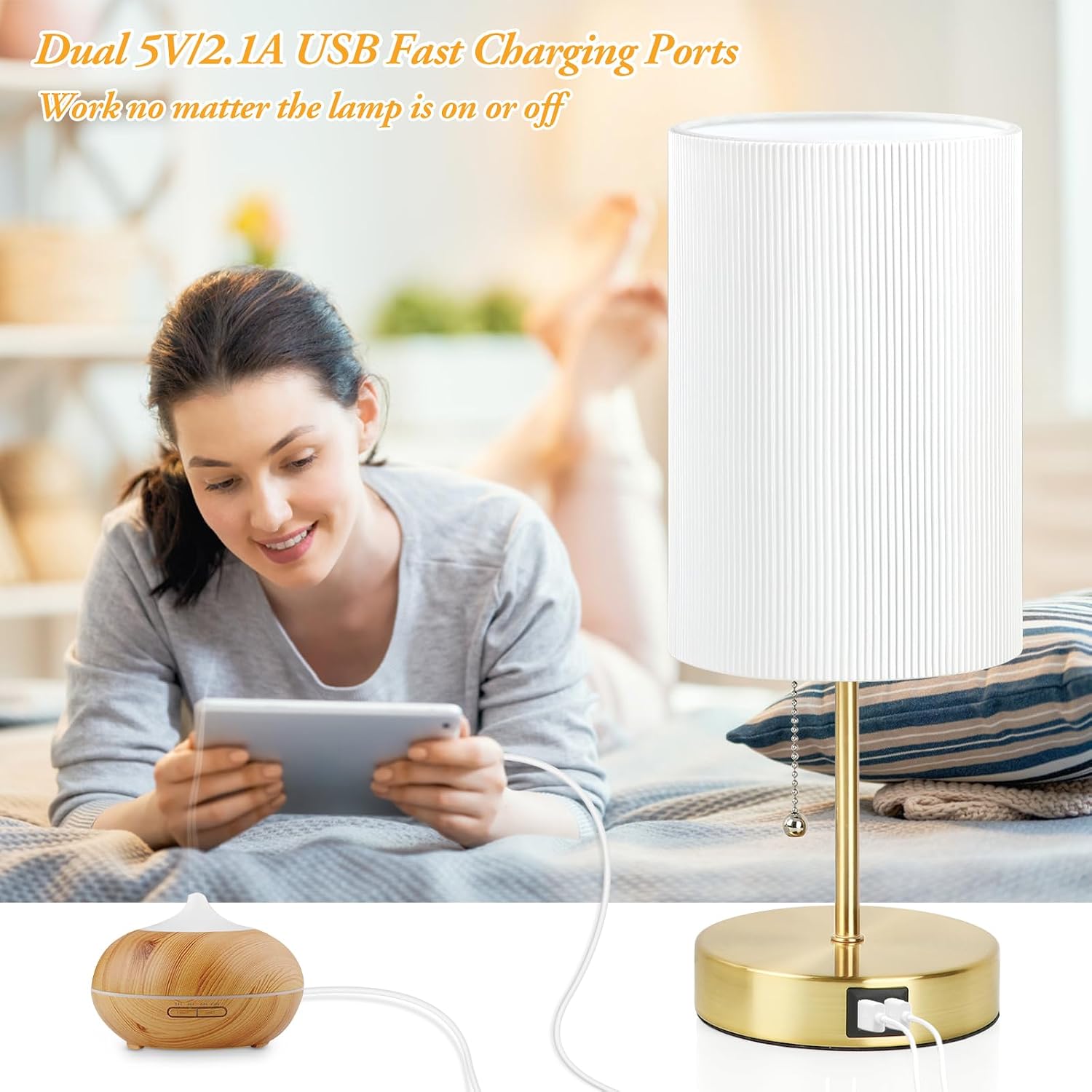 Lakumu 2 Sets Table Lamps with 2 USB, Minimalist Beside Lamps for Bedroom, Nightstand Lamp with Pull Chain, Desk Lamps with White Pleated…