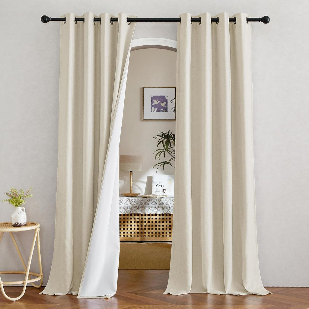 Nicetown Natural Thick Linen Full Blackout Curtains for Living Room and Bedroom, W52 x L96, 2 Panels Bronze Grommet 2 Layers Window Treatme…