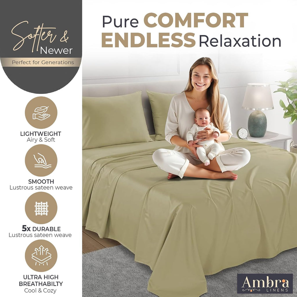 Ambra Linens 100% Organic Cotton Sheets for Queen Size Bed Set - 4 PC Organic Queen Sheets Set - Soft, Comfy, Breathable & Cooling - 16” De…