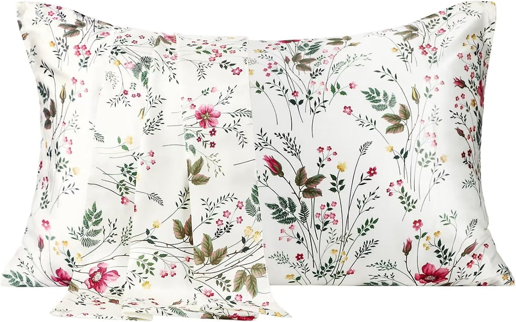 MANSPHIL Farmhouse Floral Silk Satin Pillow Cases Standard, Printed 22 Momme Mulberry Silk Top with Satin Underside Pillowcase for Hair…
