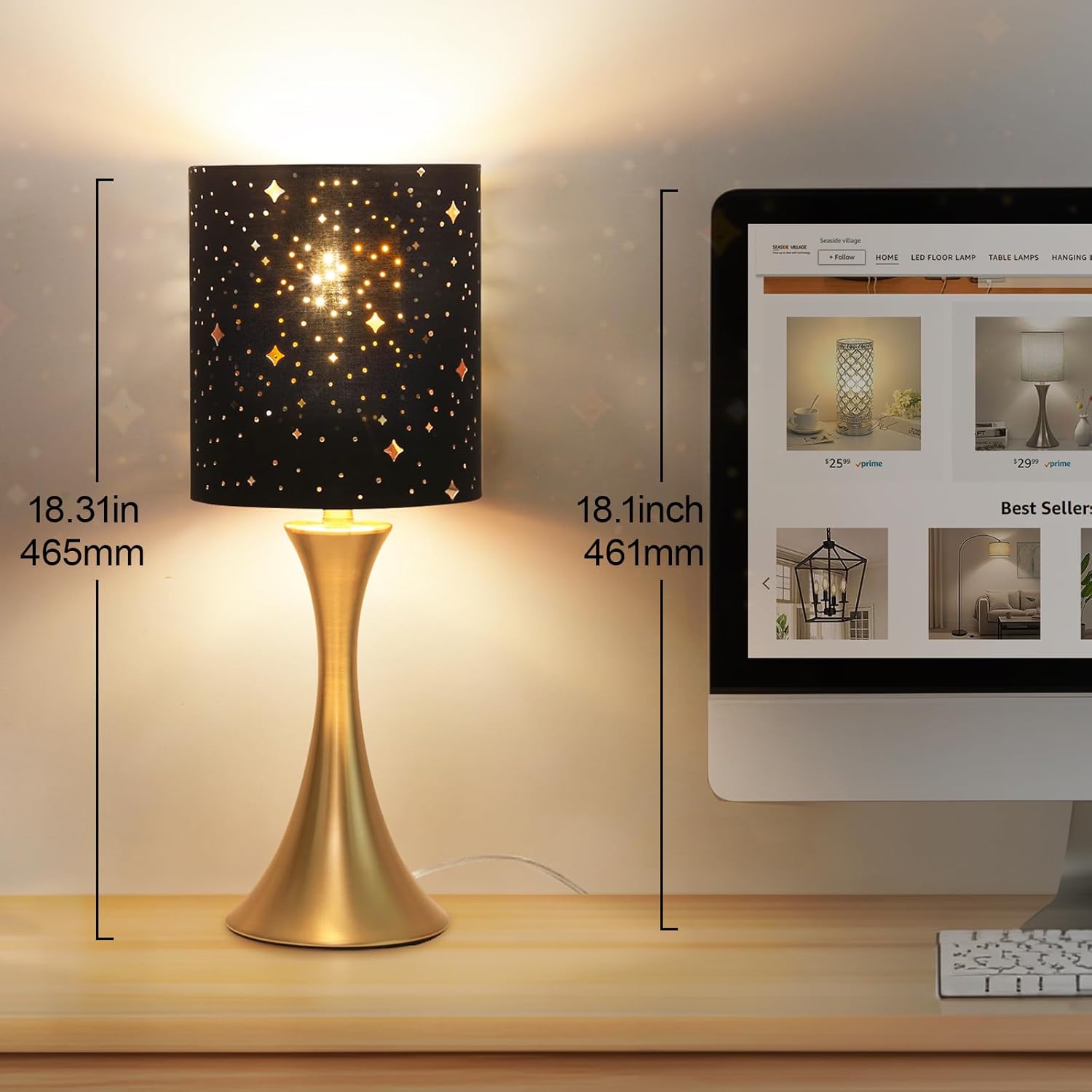 Touch Lamp for Bedroom, 3 Way Dimmable Gold Table Lamp with Black Starry Shade, Decorative Nightstand Lamp Ambient Beside Light for…